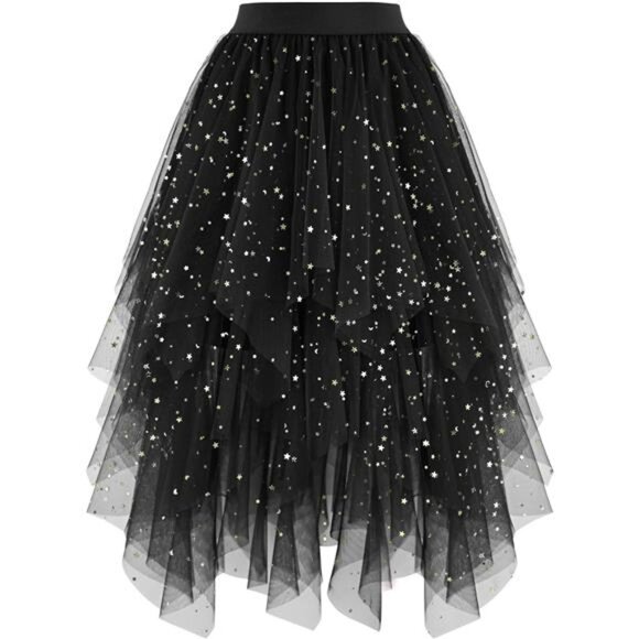 Women's Tulle Skirts High Low Black Sequin - Picture 1 of 4